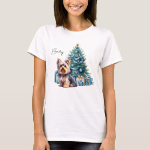 Personlig Hund Namn Yorkie med Julgran T Shirt