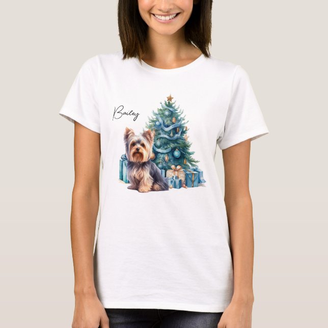 Personlig Hund Namn Yorkie med Julgran T Shirt (Framsida)