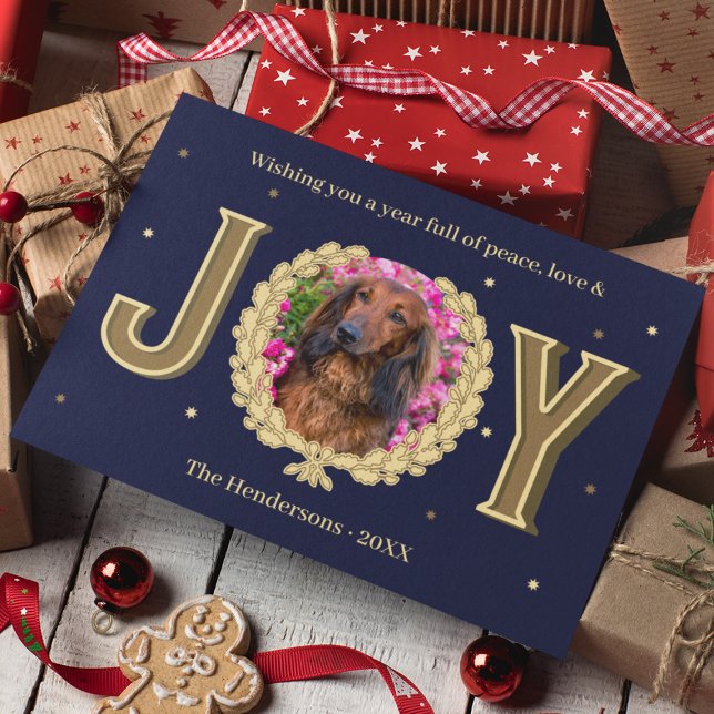 Personlig Hund Photo Blue Guld Joy jul Julkort (Personalized Dog Photo Blue Gold Joy Christmas Holiday Card
)
