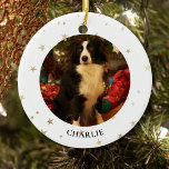 Personlig Hund Photo Ceramic Ornament<br><div class="desc">Den här snyggten pryds julprydnaden om sällskapsdjur med guld-stjärnor. Anpassade enkelt med foto och namn.</div>
