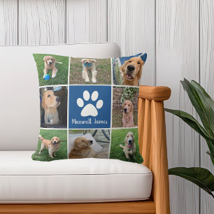 Personlig Hund Photo Collage Paw Skriv ut blått Kudde