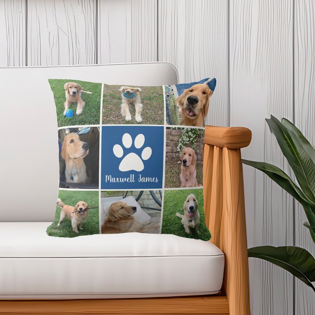 Personlig Hund Photo Collage Paw Skriv ut blått Kudde (Skapare uppladdad)