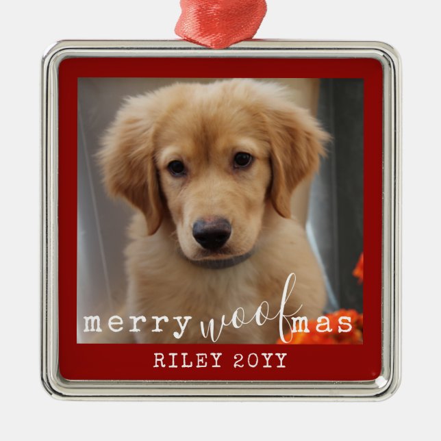 Personlig Hund Photo Merry WoofMas Rustic Red Julgransprydnad Metall (Framsidan)
