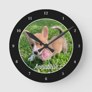 Personlig Hund Photo Monogram Modern Pet Owner Rund Klocka