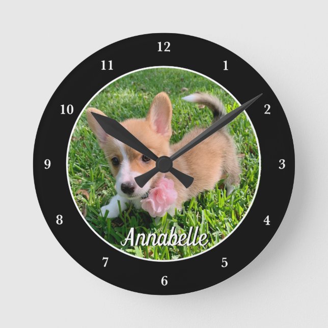 Personlig Hund Photo Monogram Modern Pet Owner Rund Klocka (Framsida)