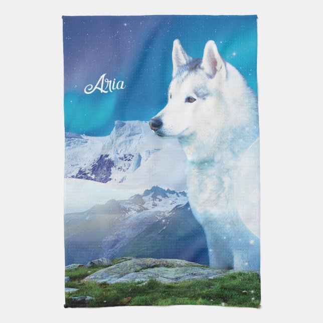 Personlig Husky hund med berg Kökshandduk (Vertikal)