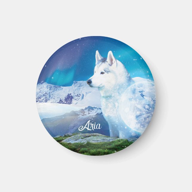 Personlig Husky hund med berg Magnet (Framsidan)