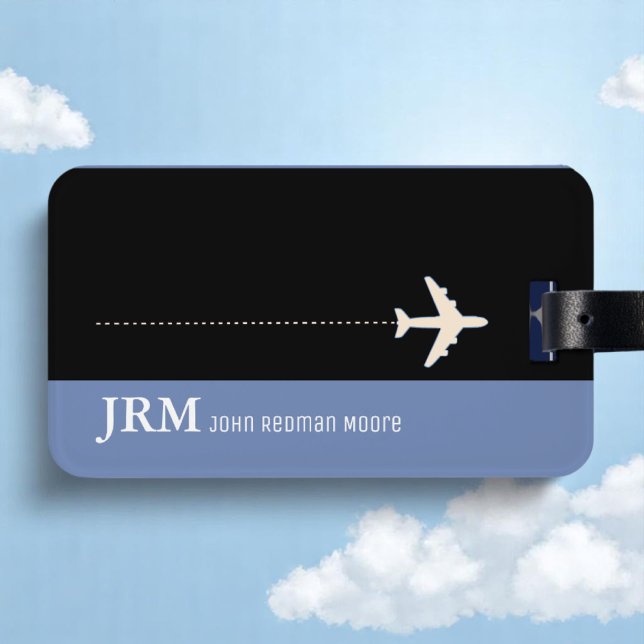 Personlig i monogram blått / flygplansrörelse bagagebricka (Skapare uppladdad)