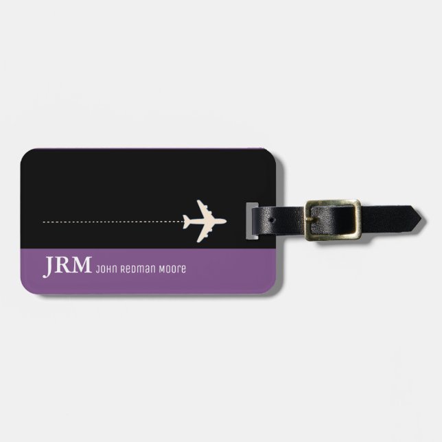 personlig i monogram lila/flygplansresa bagagebricka (Horisontell Framsida)