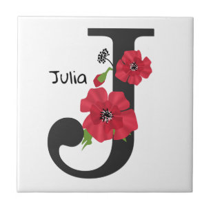 Personlig i monogram, redigerbar J-textröd blomma Kakelplatta
