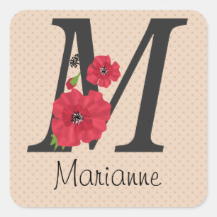 Personlig i monogram, redigerbar M-textröd blomma Fyrkantigt Klistermärke