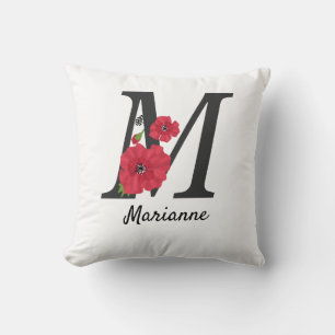 Personlig i monogram, redigerbar M-textröd blomma Kudde