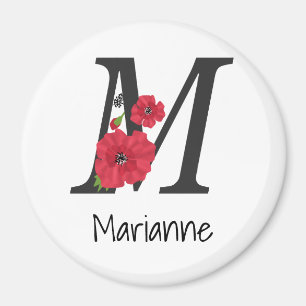 Personlig i monogram, redigerbar M-textröd blomma Magnet