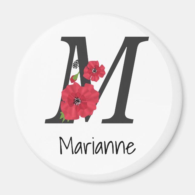 Personlig i monogram, redigerbar M-textröd blomma  Magnet (Framsidan)