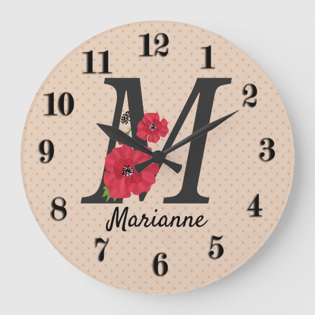 Personlig i monogram, redigerbar M-textröd blomma Stor Klocka (Framsida)