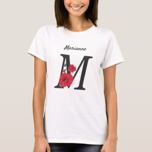 Personlig i monogram, redigerbar text röd blomflu t shirt