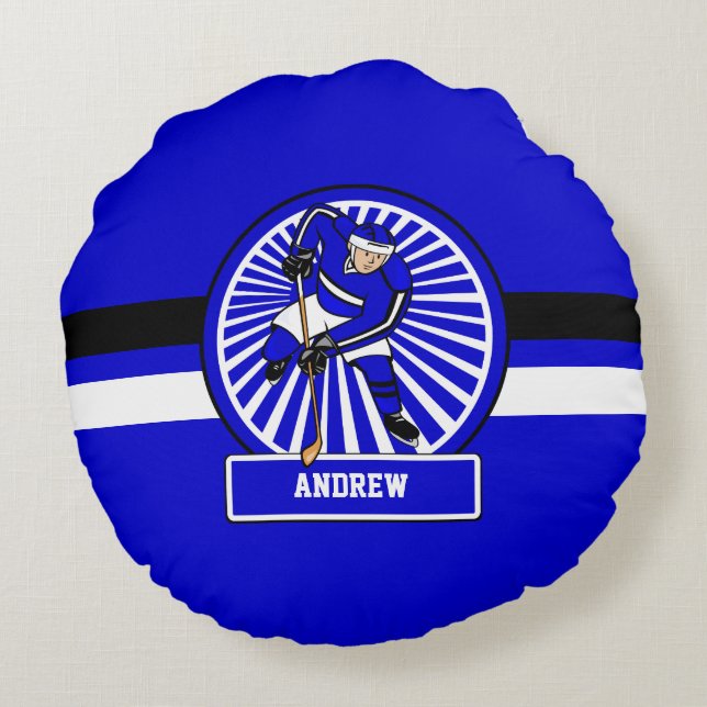 Personlig Ice Hockey Player Blue Rund Kudde (Baksidan)