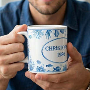Personlig illustration av havsliv vintagetryck kaffemugg