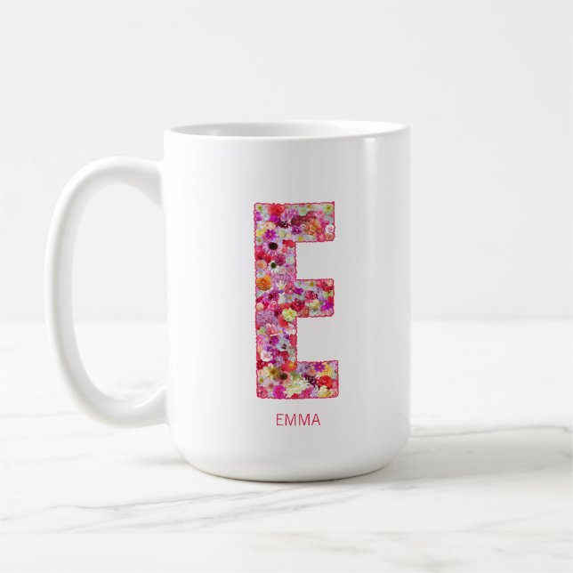 Personlig Initial | Blommig Bokstav E Monogram  Kaffemugg (Vänster)
