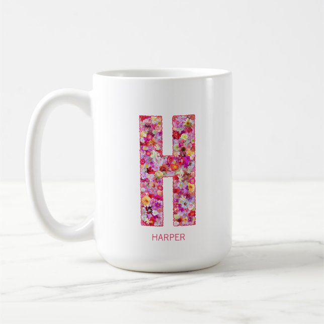 Personlig Initial | Blommig Bokstav H Monogram  Kaffemugg (Vänster)