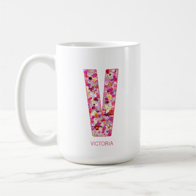 Personlig initial | Blommig bokstav V monogram Kaffemugg (Vänster)