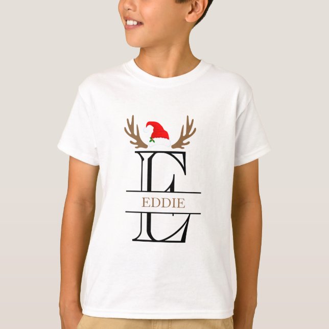 Personlig Initial Brev E Santa Hat Antlers T Shirt (Framsida)