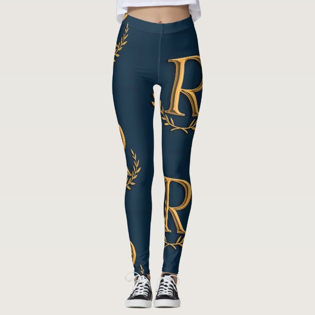 Personlig Initial Monogram i Guld på flottan Leggings (Framsida)
