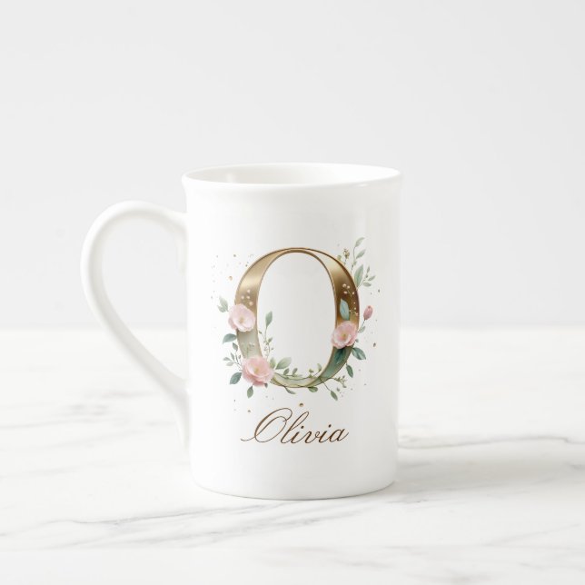 Personlig Initial O i Guld med Blommönster Benporslin Mugg (Vänster)