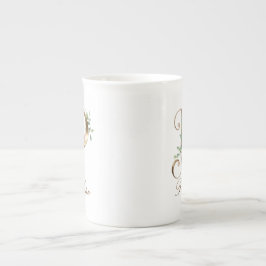 Personlig Initial P i Guld med Blommönster Benporslin Mugg