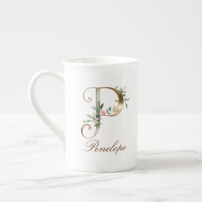 Personlig Initial P i Guld med Blommönster Benporslin Mugg (Vänster)