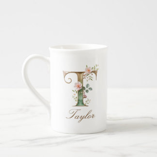 Personlig Initial T Guld Blommig Monogram Förnamns Benporslin Mugg