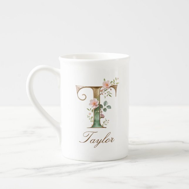 Personlig Initial T Guld Blommig Monogram Förnamns Benporslin Mugg (Vänster)