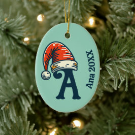 Personlig initialbokstav namn och år Santa hatt Julgransprydnad Keramik