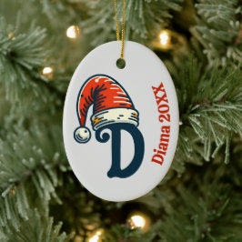 Personlig initialbokstav namn och år Santa hatt Julgransprydnad Keramik