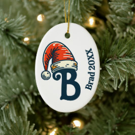 Personlig initialbokstav namn och år Santa hatt Julgransprydnad Keramik