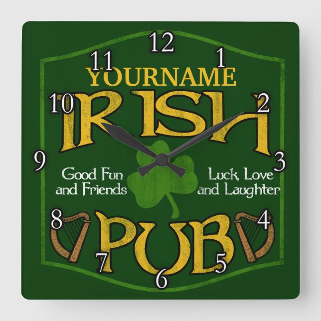 Personlig Irish Pub Sign Fyrkantig Klocka (Framsida)