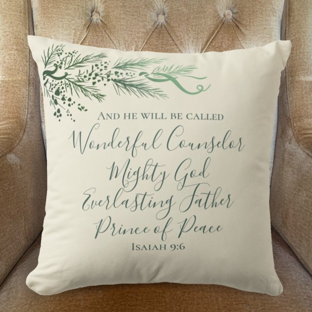 Personlig Isaiah 9:6 Modern Gräs-juldekretet Kudde (Isaiah 9:6 Prince of Peace Bible Verse with modern green pine and elegant script.  Christmas Decor.)