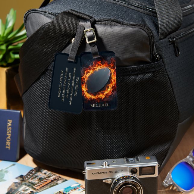 Personlig ishockeypuck i brand               bagagebricka (Fram & Baksida)