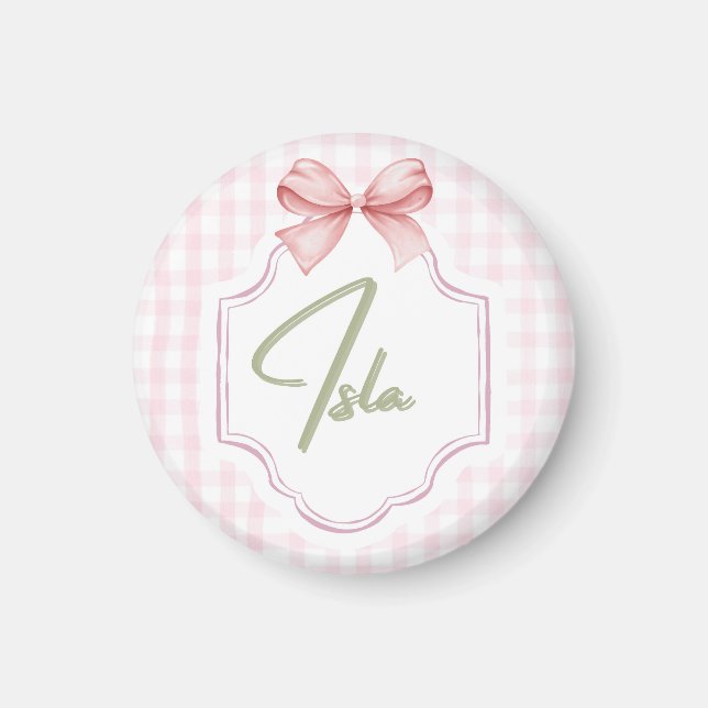 Personlig Isla Flicka Nursery Bow&Gingham Magnet (Framsidan)