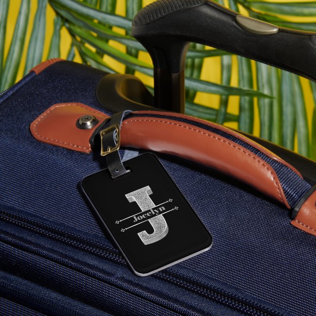 Personlig J Inledande Silver Monogram Ditt namn Bagagebricka (Framsida Insitu 1)