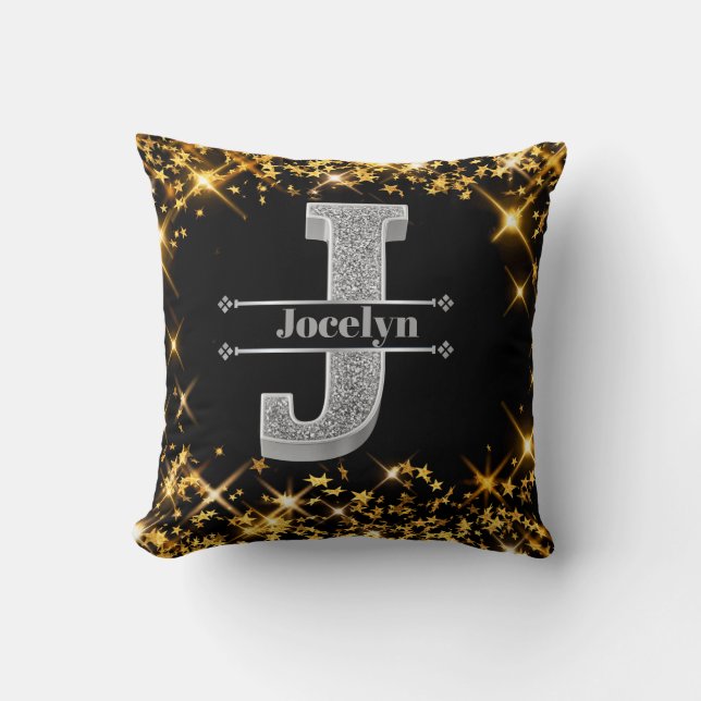 Personlig J Inledande Silver Monogram Ditt namn Kudde (Framsida)