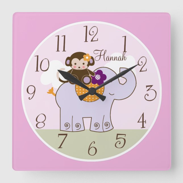 Personlig Jacana Monkey om Elephant Baby Clock Fyrkantig Klocka (Framsida)