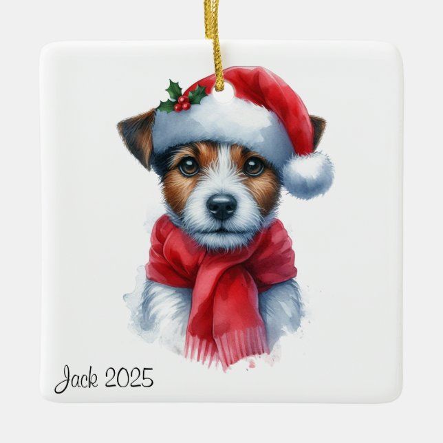 Personlig Jack Russell Hund Wearing a Santa Hat Julgransprydnad Keramik (Framsida)