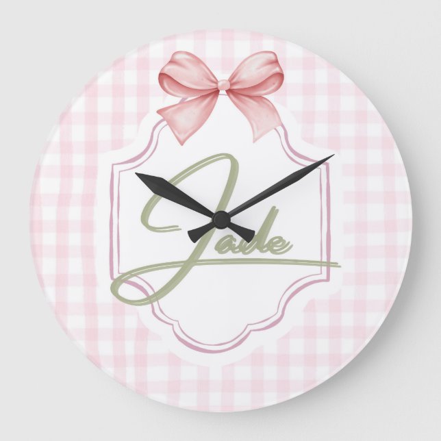Personlig Jade Flicka Nursery Bow&Gingham Stor Klocka (Framsida)