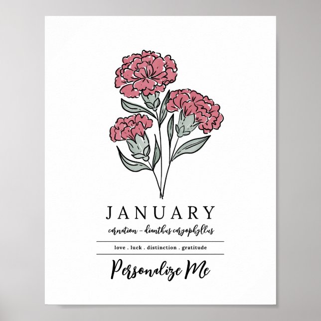 Personlig januari Carnation Bird Flower Poster (Framsidan)