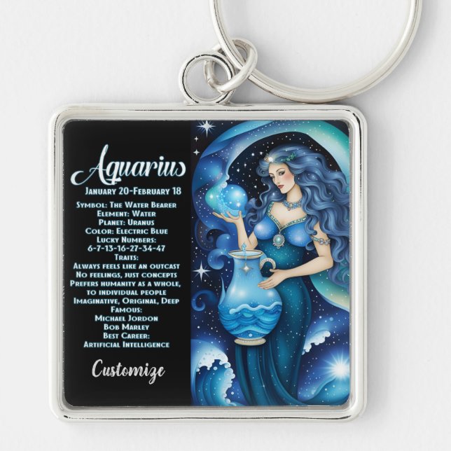 Personlig Jewel Galaxy Zodiac Aquarius Fyrkantig Silverfärgad Nyckelring (Framsidan)