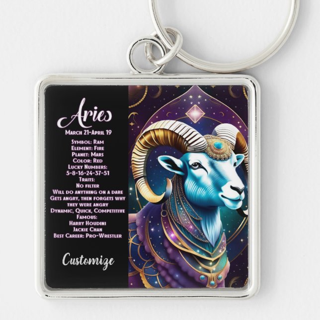 Personlig Jewel Galaxy Zodiac Aries Fyrkantig Silverfärgad Nyckelring (Framsidan)