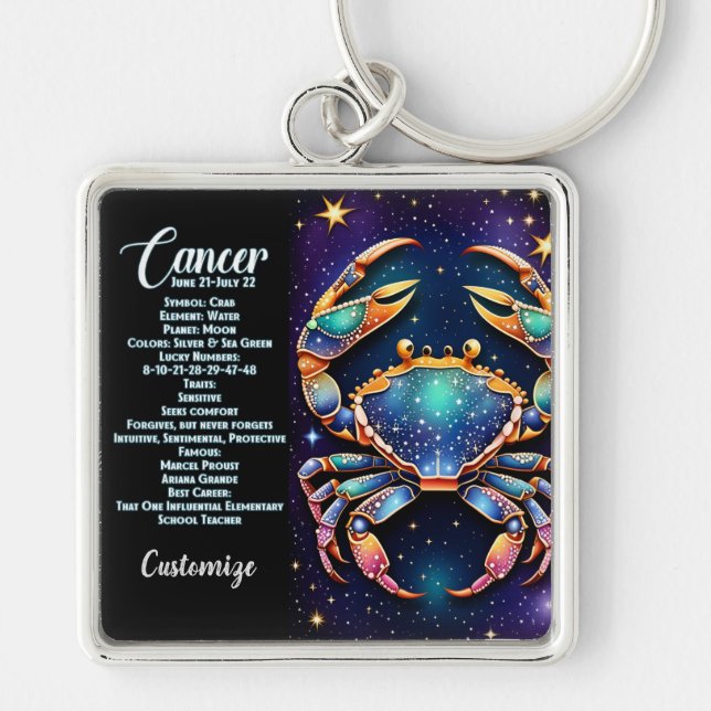 Personlig Jewel Galaxy Zodiac Cancer Fyrkantig Silverfärgad Nyckelring (Framsidan)