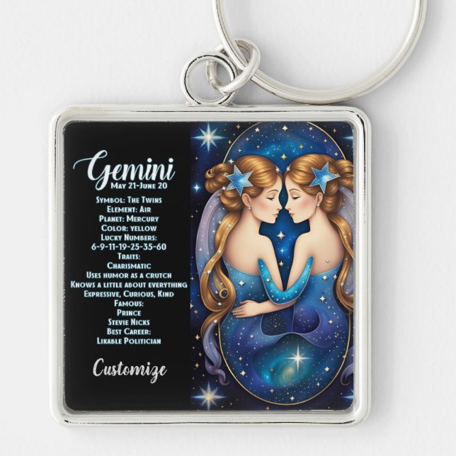 Personlig Jewel Galaxy Zodiac Gemini Fyrkantig Silverfärgad Nyckelring (Framsidan)