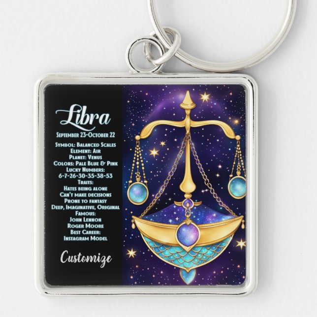 Personlig Jewel Galaxy Zodiac Libra Fyrkantig Silverfärgad Nyckelring (Framsidan)